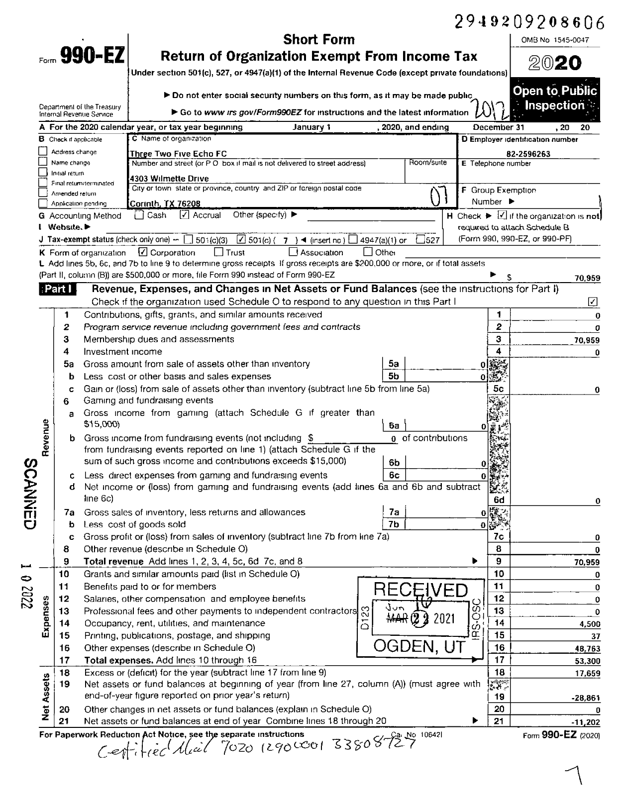 Image of first page of 2020 Form 990EO for Three Two Five Echo FC