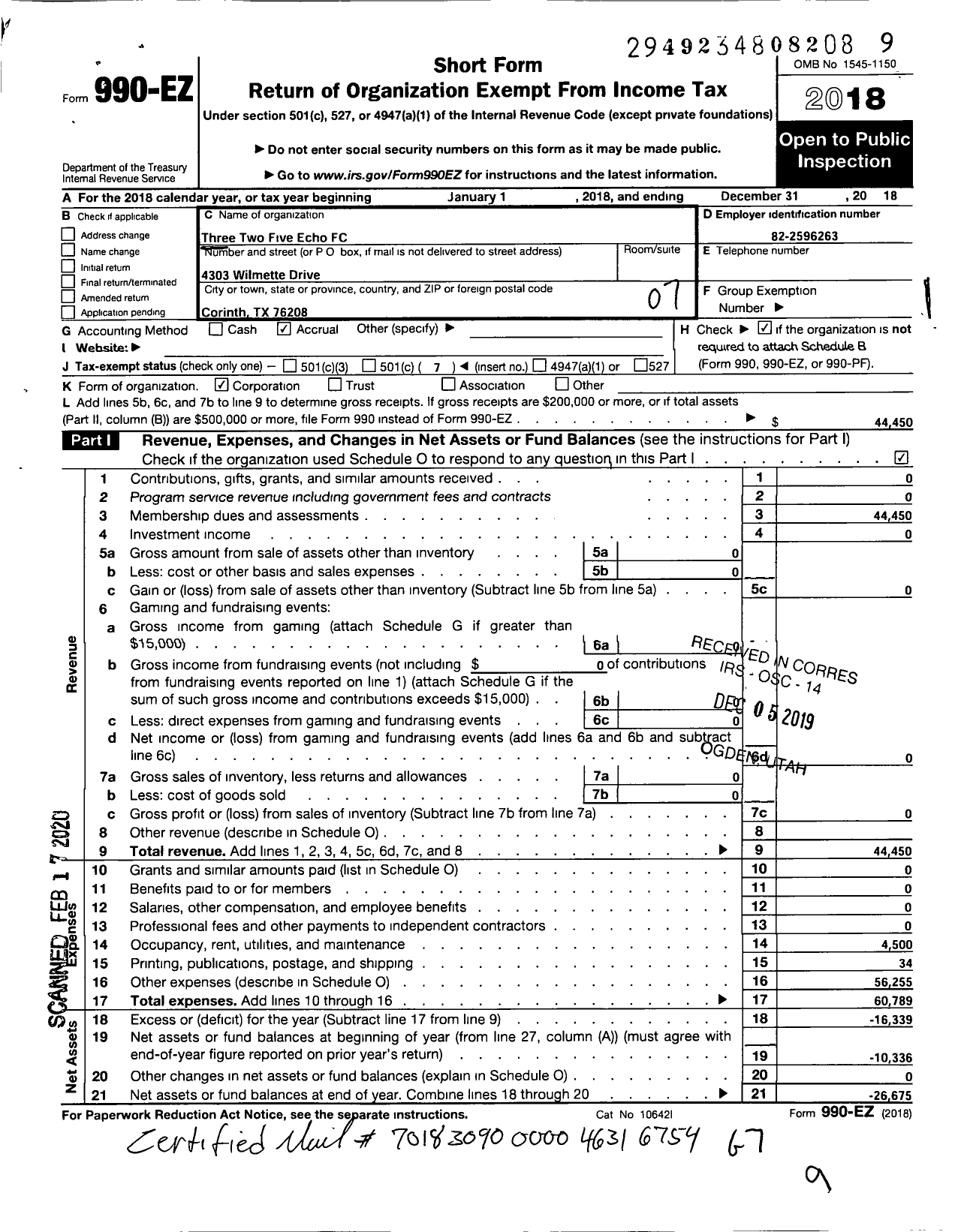 Image of first page of 2018 Form 990EO for Three Two Five Echo FC