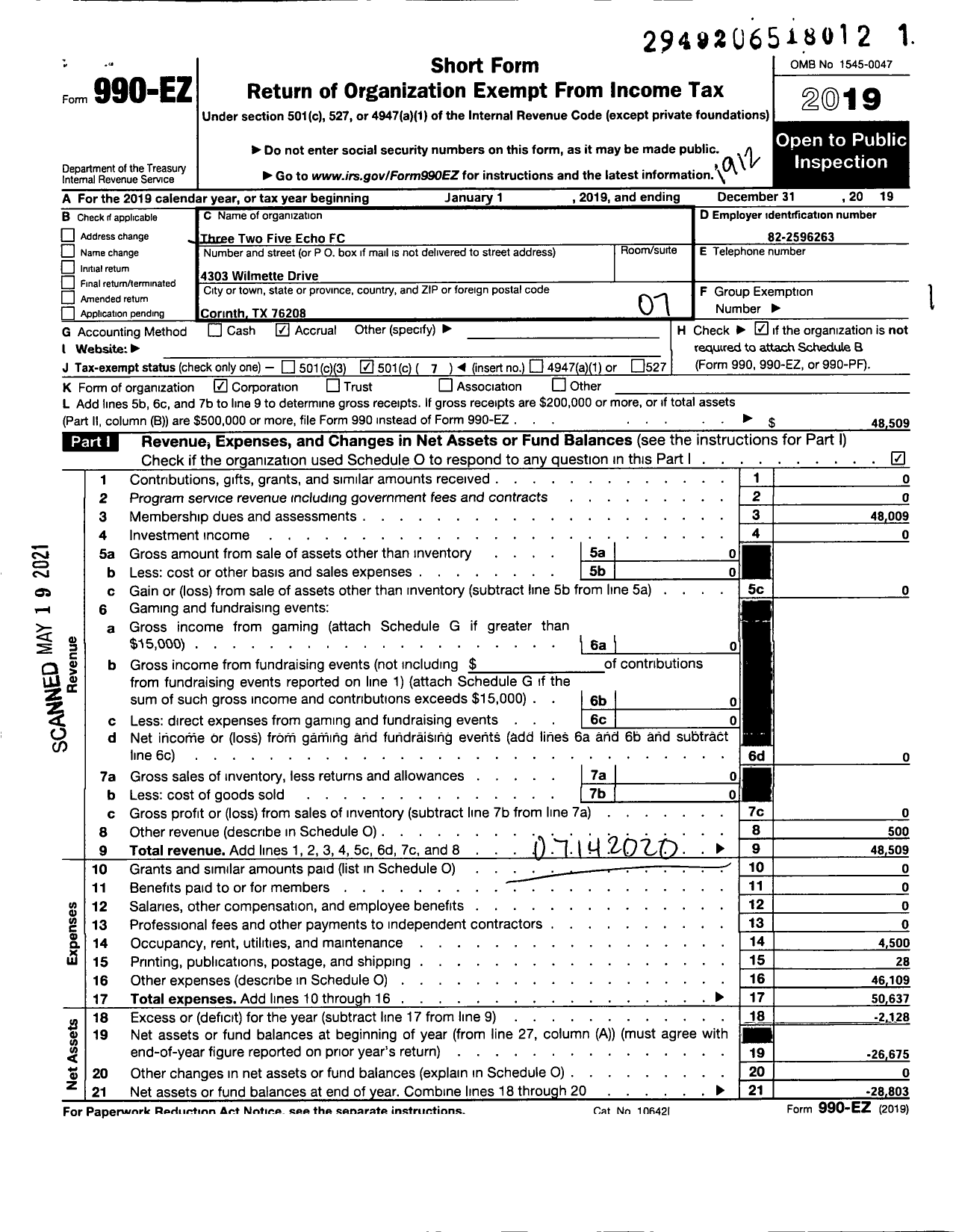 Image of first page of 2019 Form 990EO for Three Two Five Echo FC