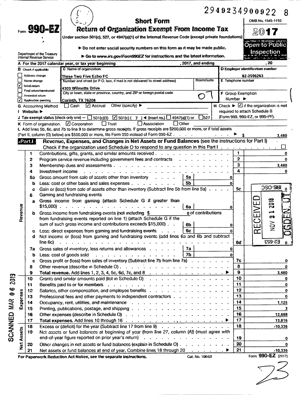 Image of first page of 2017 Form 990EO for Three Two Five Echo FC