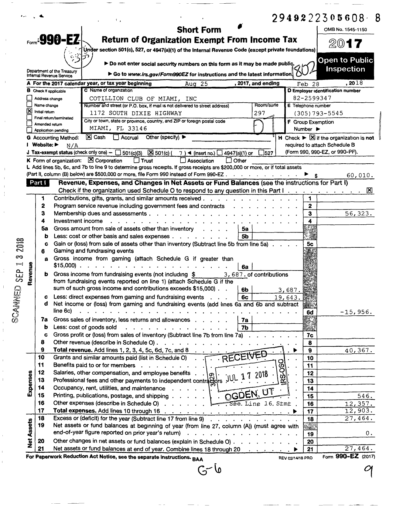 Image of first page of 2017 Form 990EO for Cotillion Club of Miami