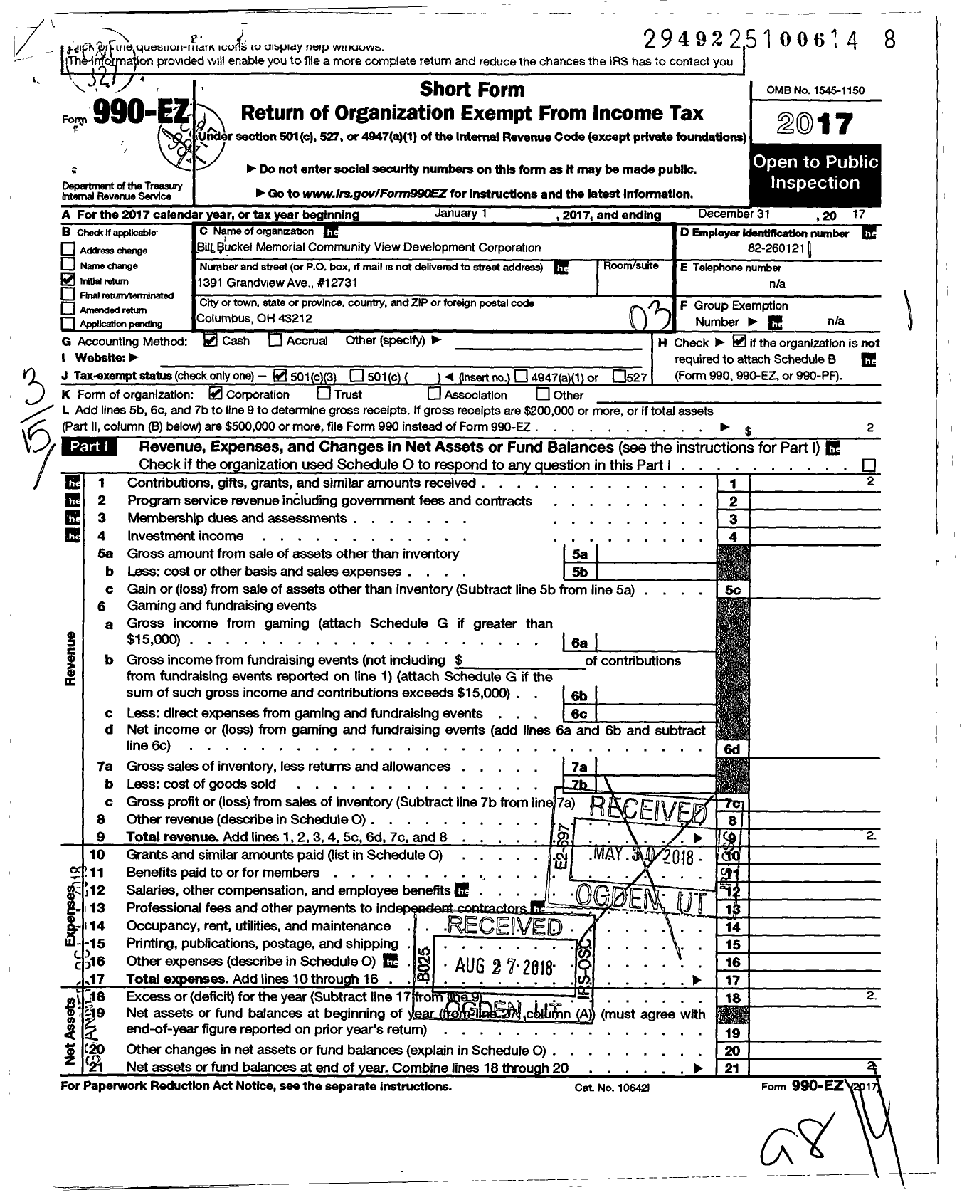 Image of first page of 2017 Form 990EZ for Bill Buckel Memorial Community View