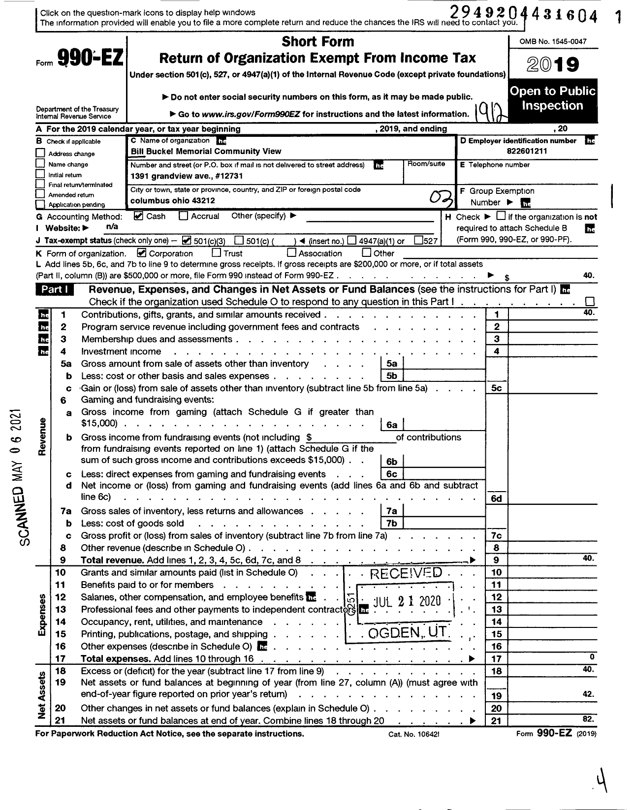 Image of first page of 2019 Form 990EZ for Bill Buckel Memorial Community View