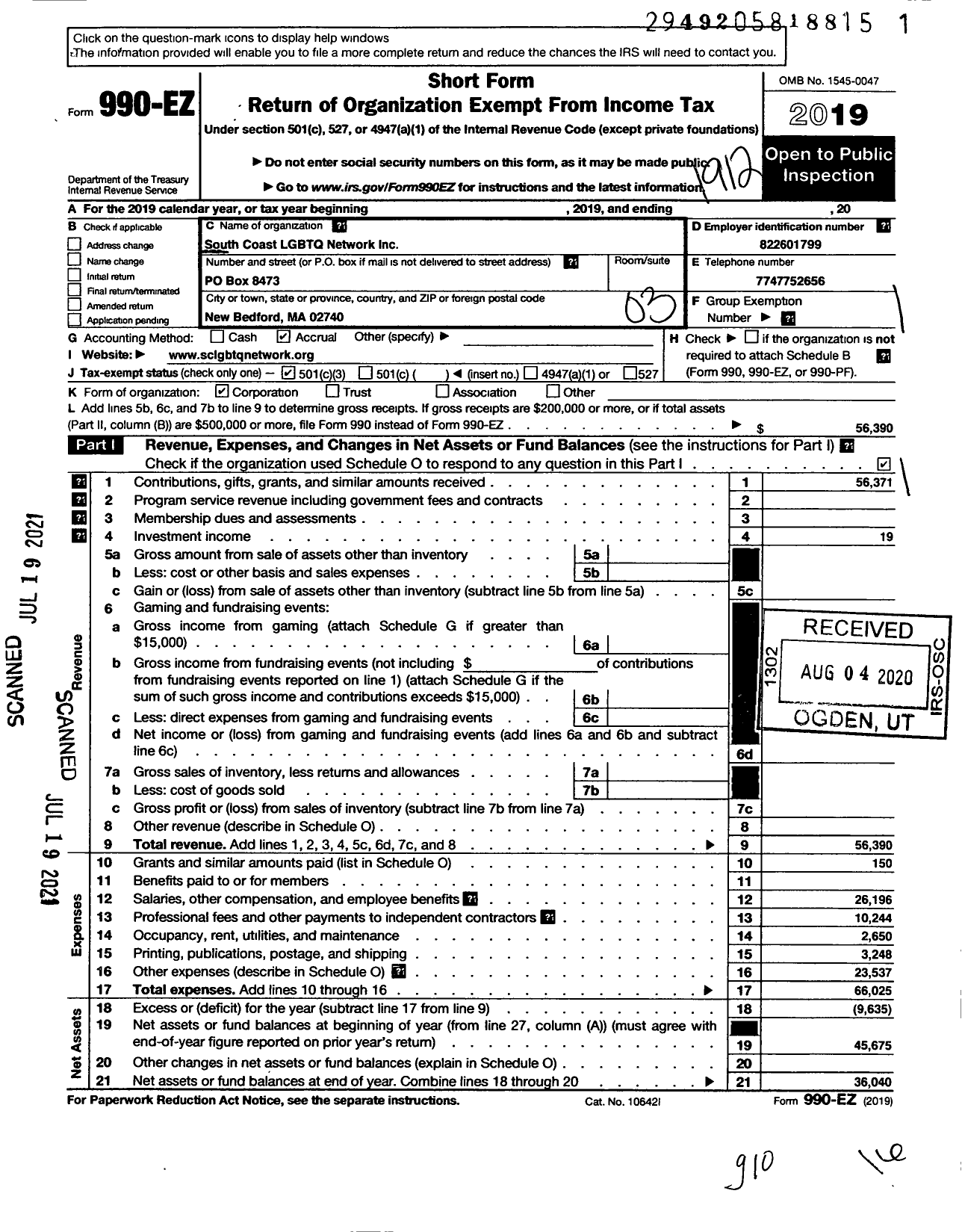 Image of first page of 2019 Form 990EZ for South Coast LGBTQ Network