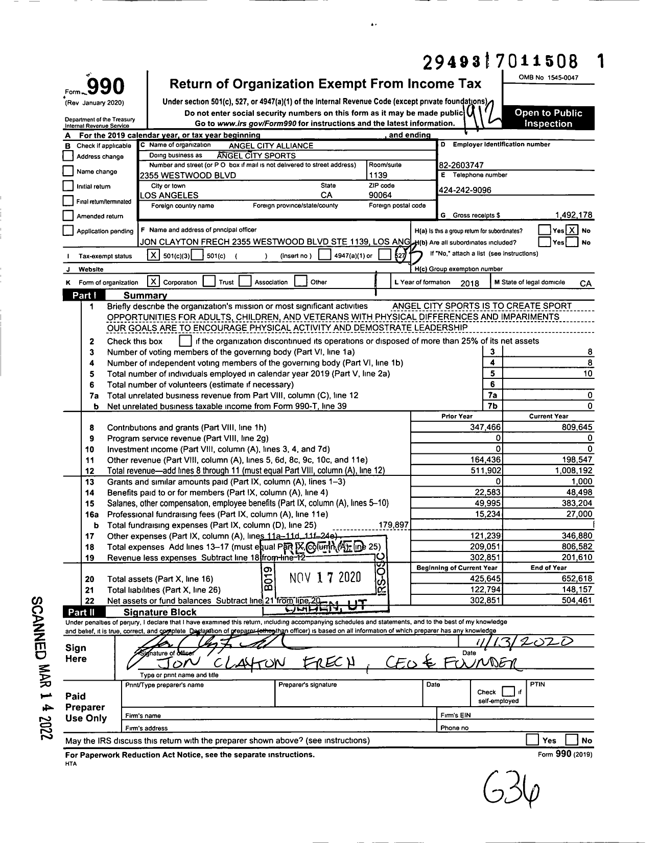 Image of first page of 2019 Form 990 for Angel City Sports