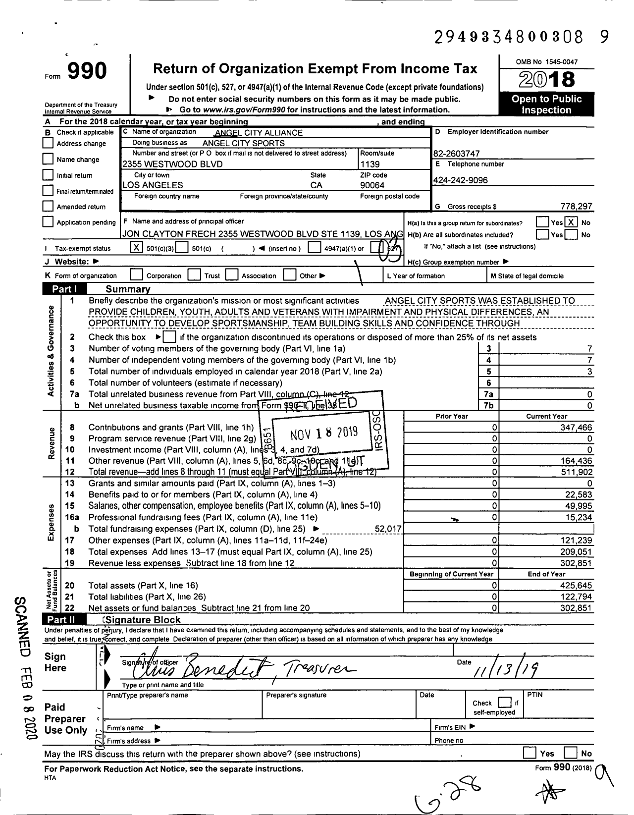 Image of first page of 2018 Form 990 for Angel City Sports