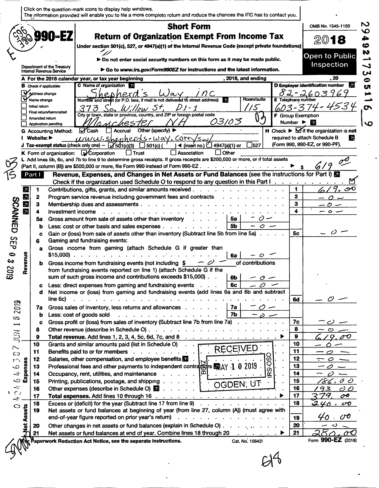 Image of first page of 2018 Form 990EZ for Shepherds Way