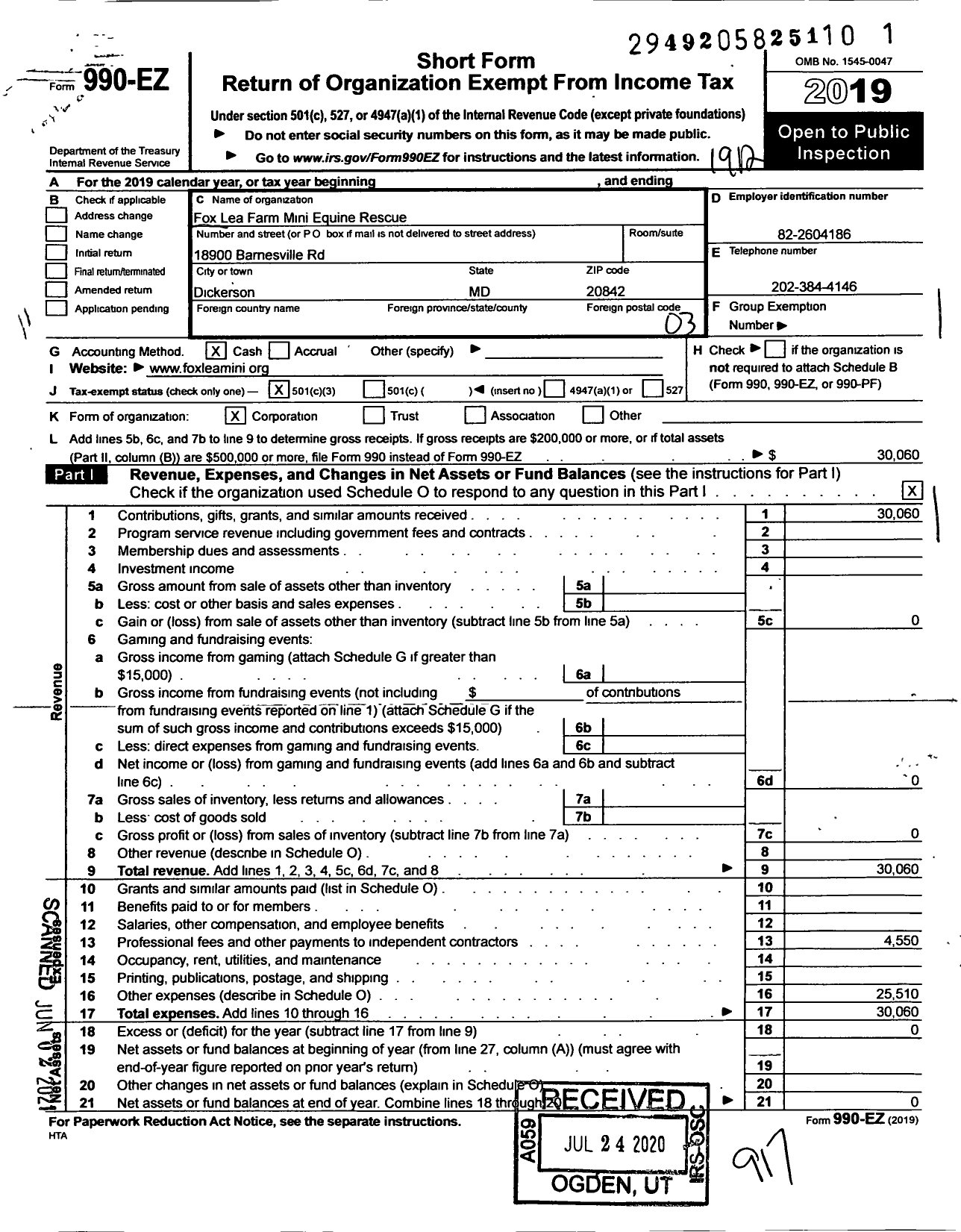 Image of first page of 2019 Form 990EZ for Fox Lea Farm Mini Equine Rescue