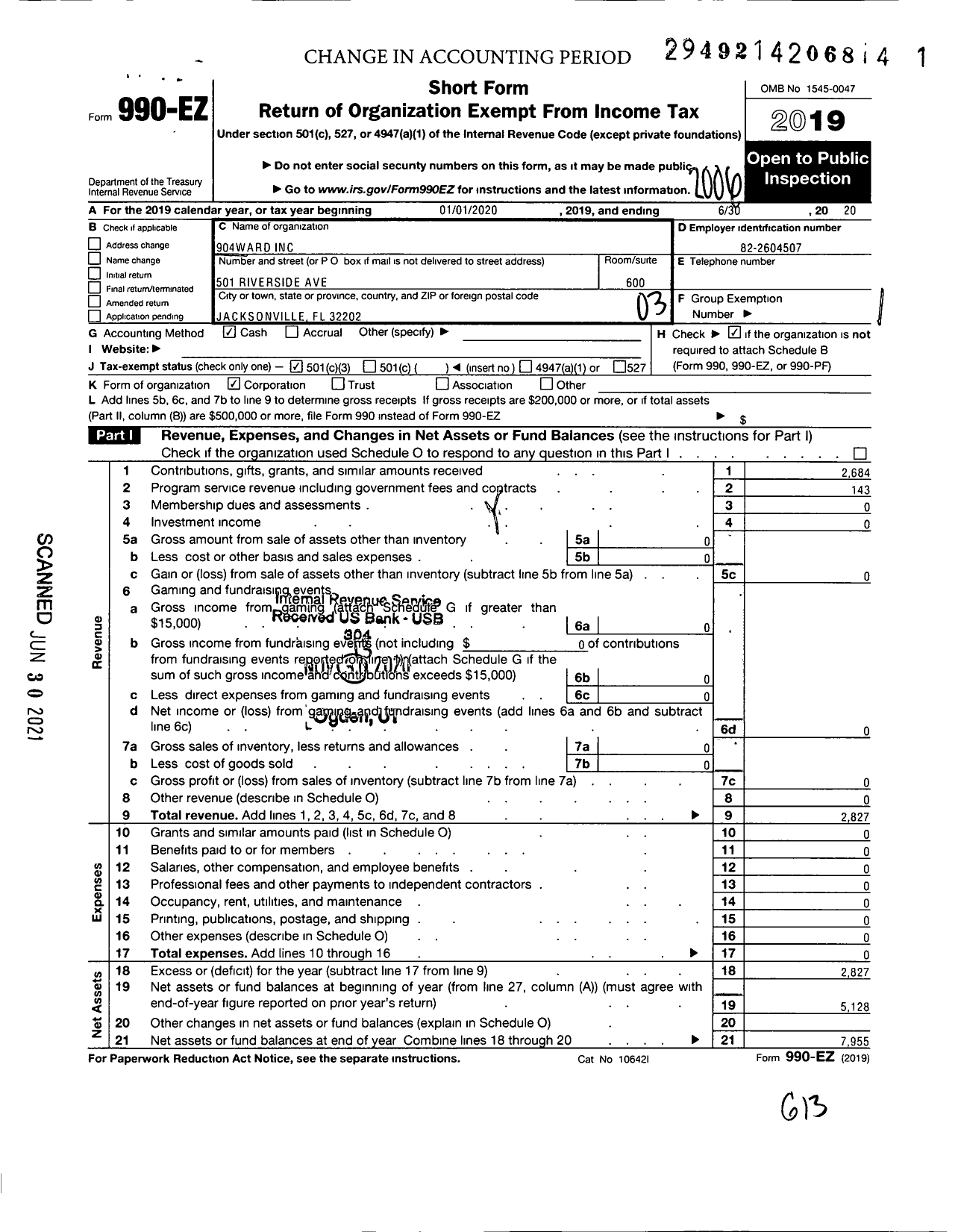 Image of first page of 2019 Form 990EZ for 904ward