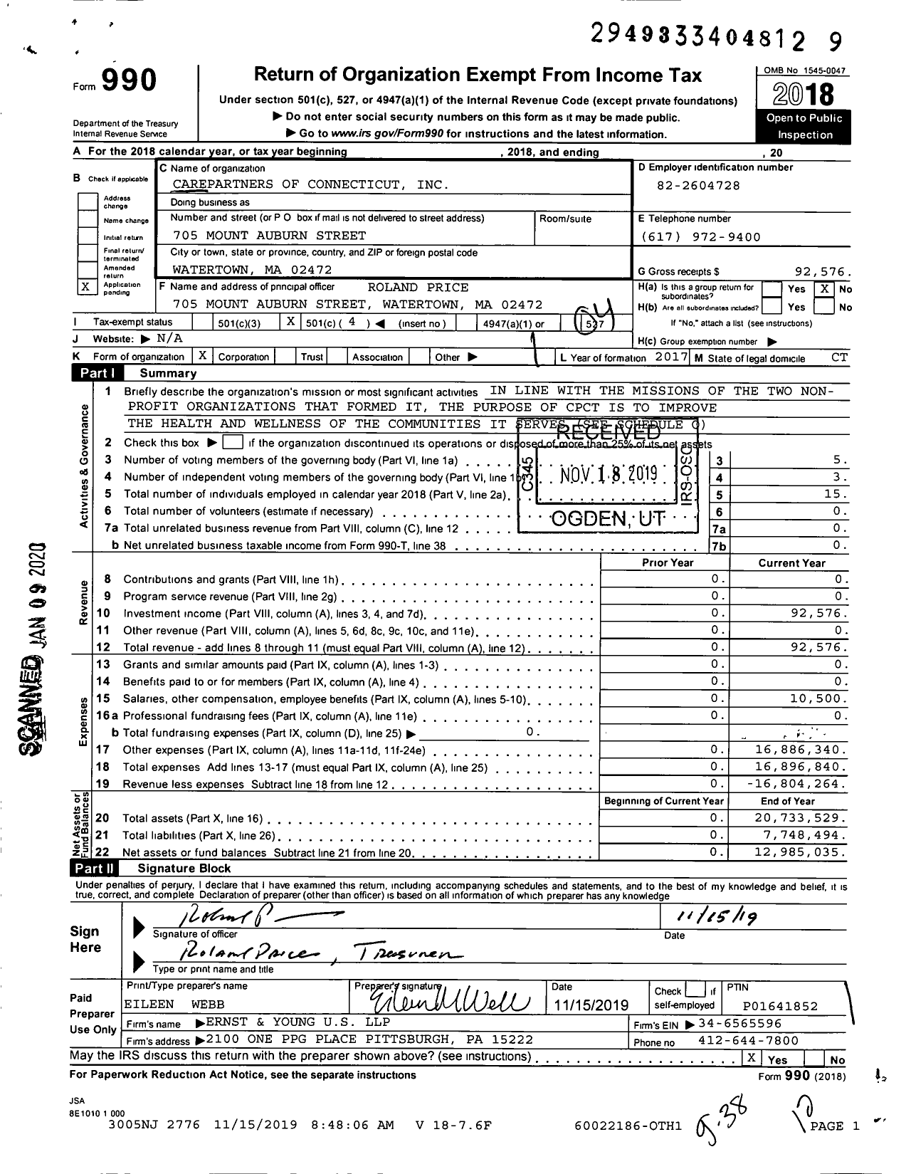 Image of first page of 2018 Form 990O for CarePartners of Connecticut