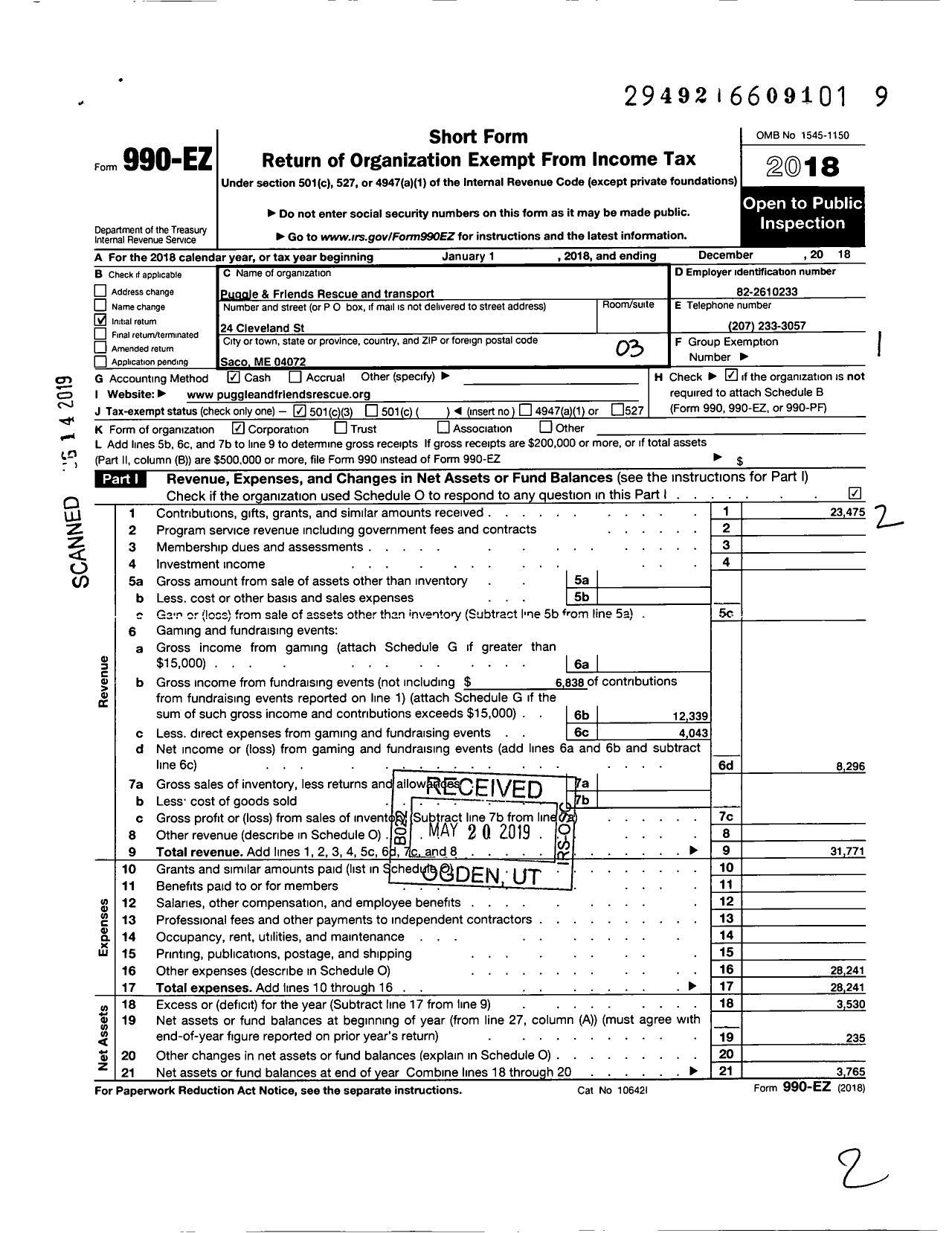 Image of first page of 2018 Form 990EZ for Puggle and Friends Rescue and Transport