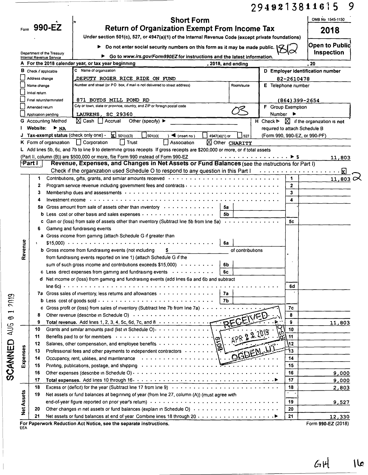 Image of first page of 2018 Form 990EZ for The Deputy Roger Rice Ride on Fund