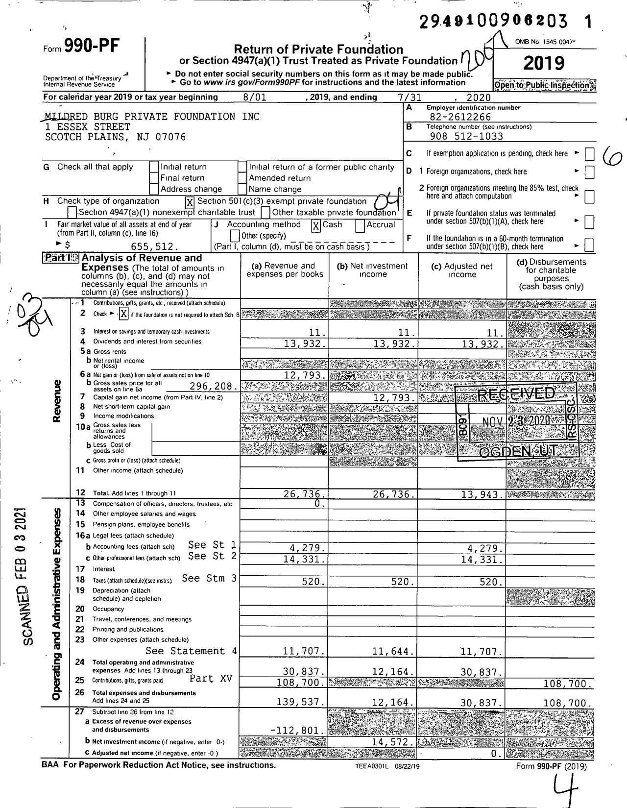 Image of first page of 2019 Form 990PF for Mildred Burg Private Foundation