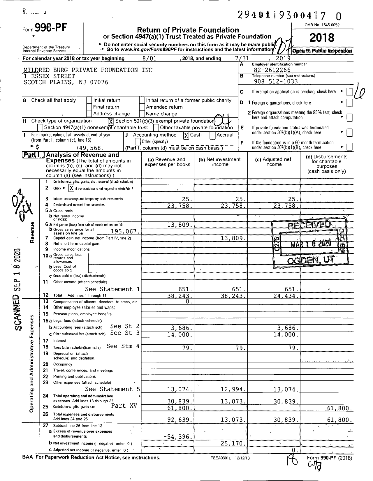 Image of first page of 2018 Form 990PR for Mildred Burg Private Foundation