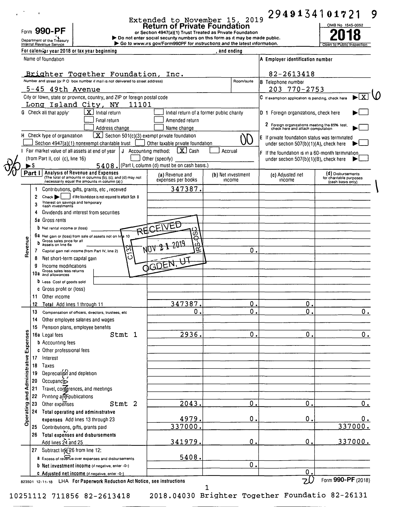 Image of first page of 2018 Form 990PF for Brighter Together Foundation