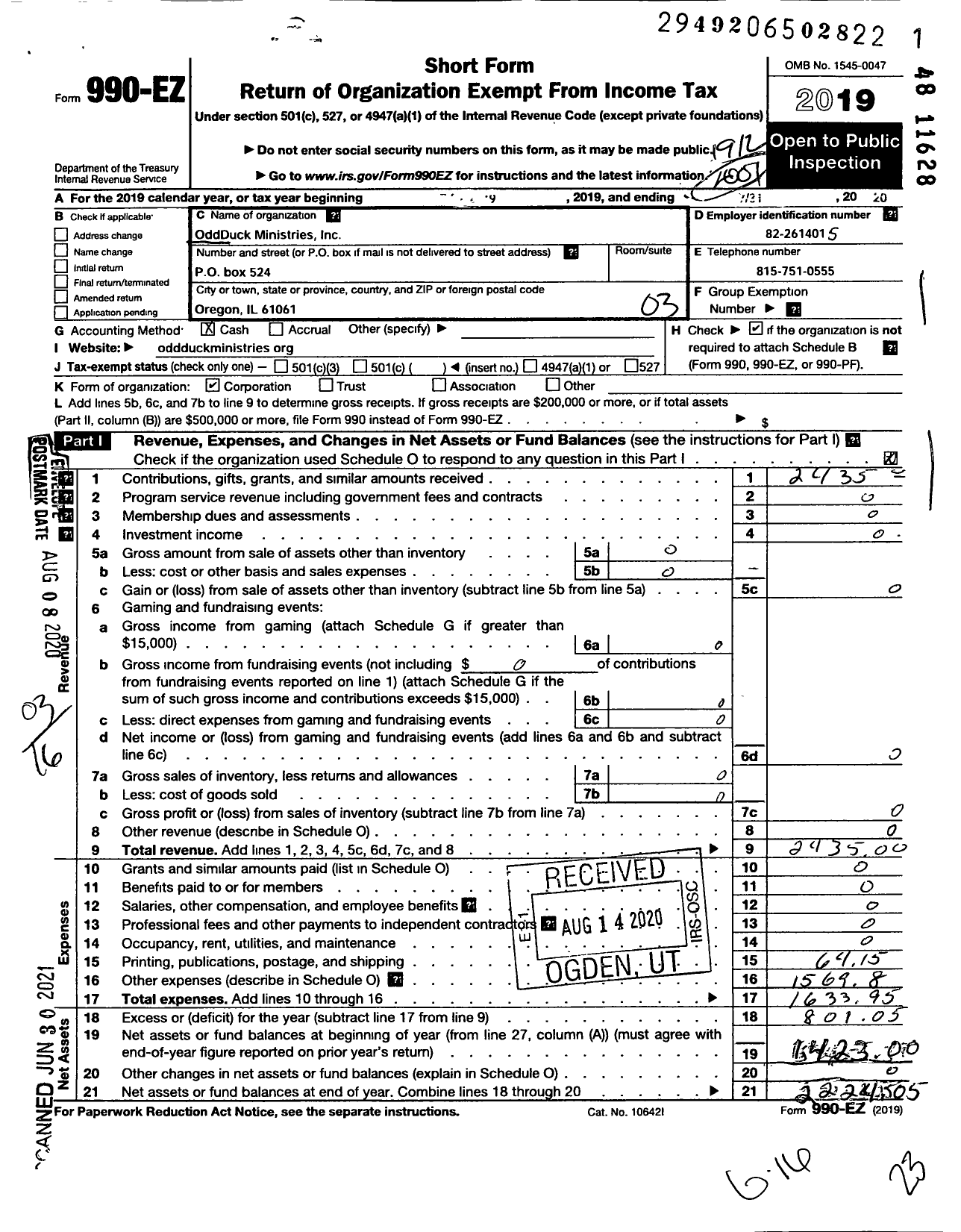 Image of first page of 2019 Form 990EZ for Oddduck Ministries