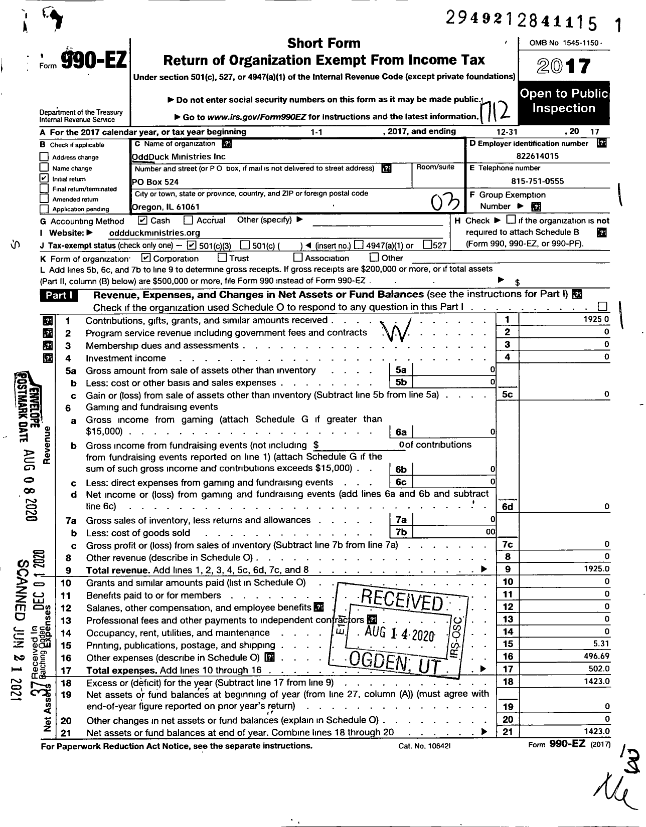 Image of first page of 2017 Form 990EZ for Oddduck Ministries