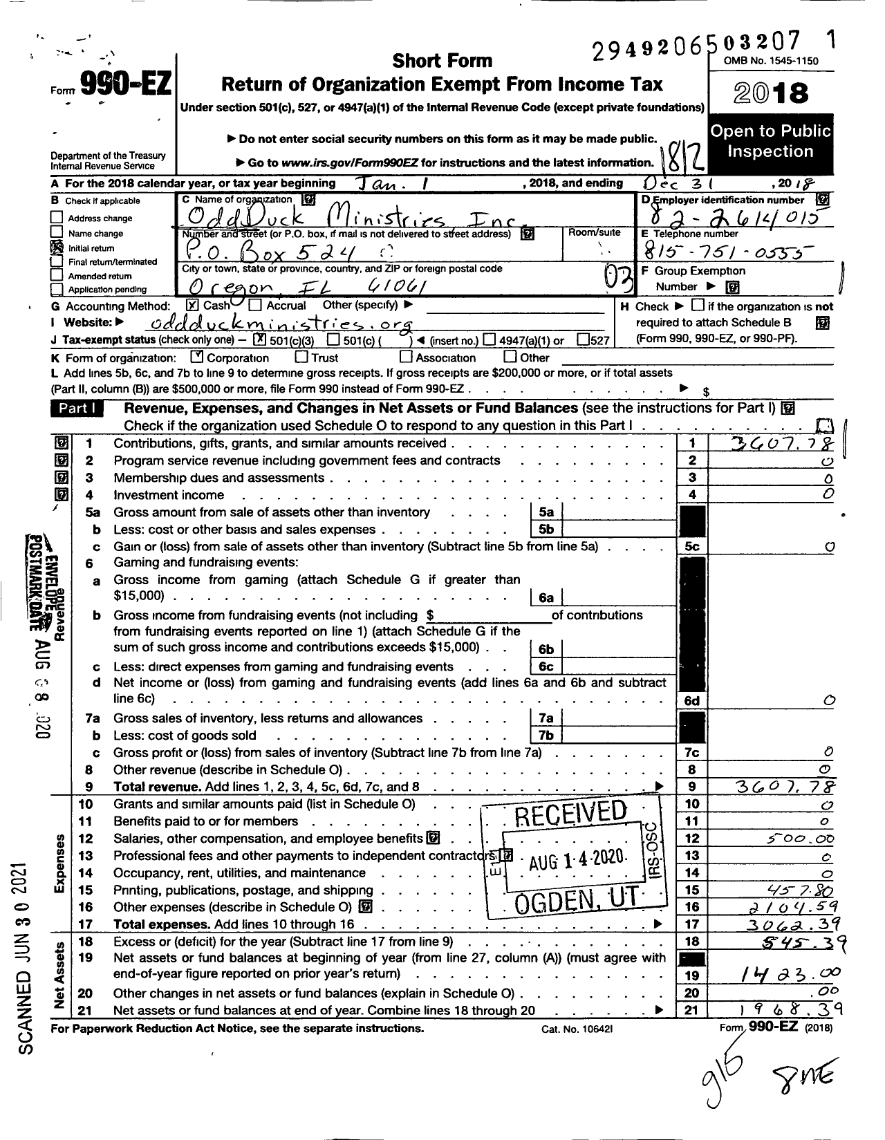 Image of first page of 2018 Form 990EZ for Oddduck Ministries