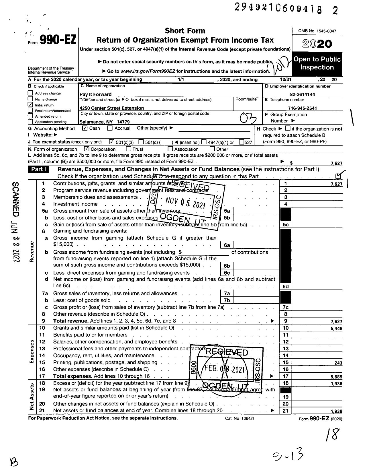 Image of first page of 2020 Form 990EZ for Pay It Forward