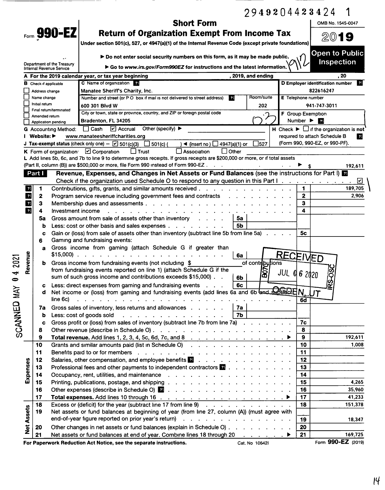 Image of first page of 2019 Form 990EZ for Manatee Sheriffs Charity