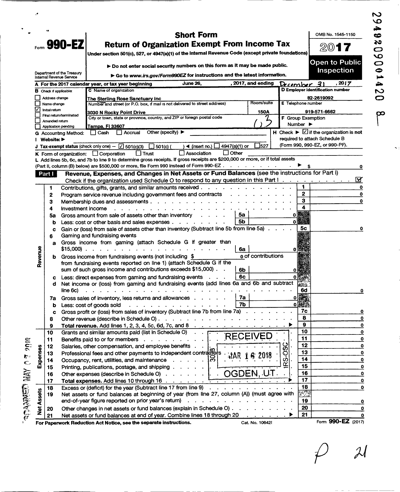 Image of first page of 2017 Form 990EZ for Sterling Rose Sanctuary