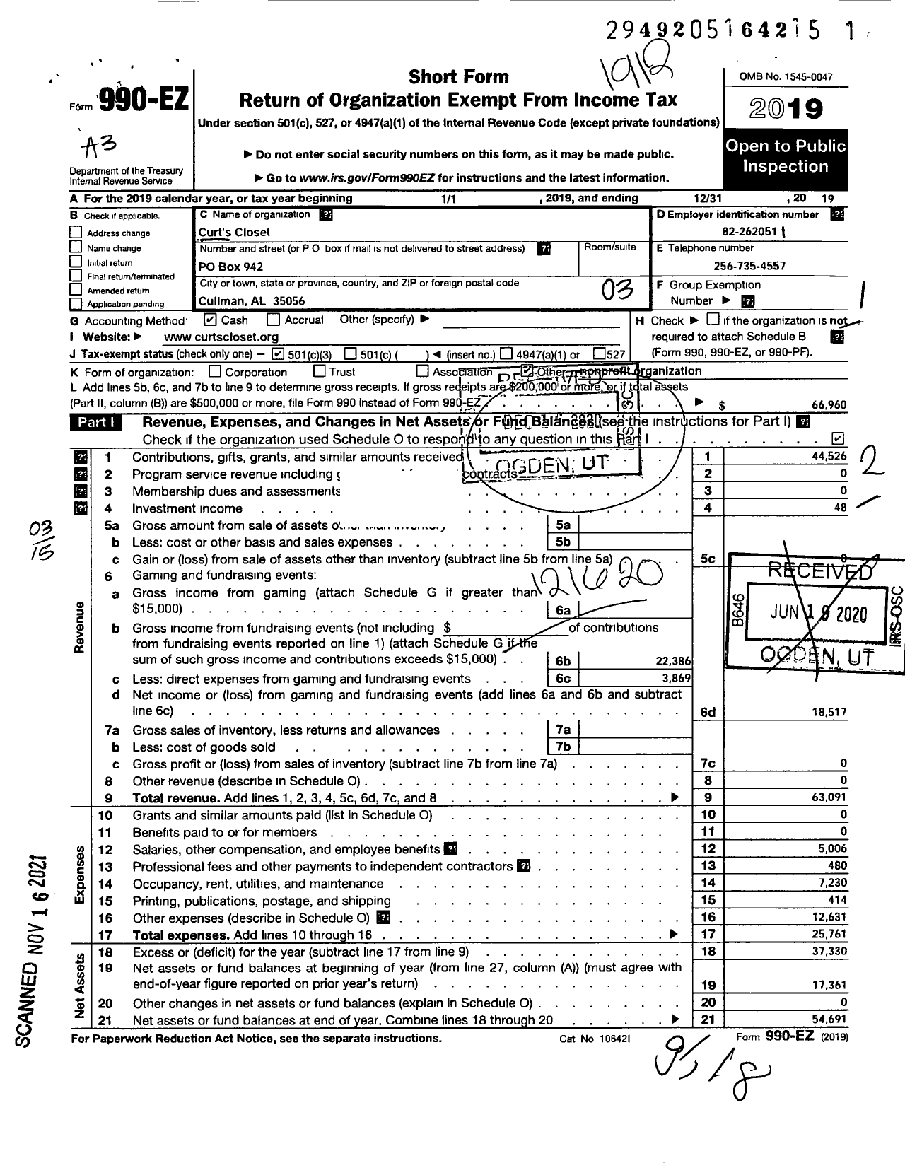 Image of first page of 2019 Form 990EZ for Curts Closet