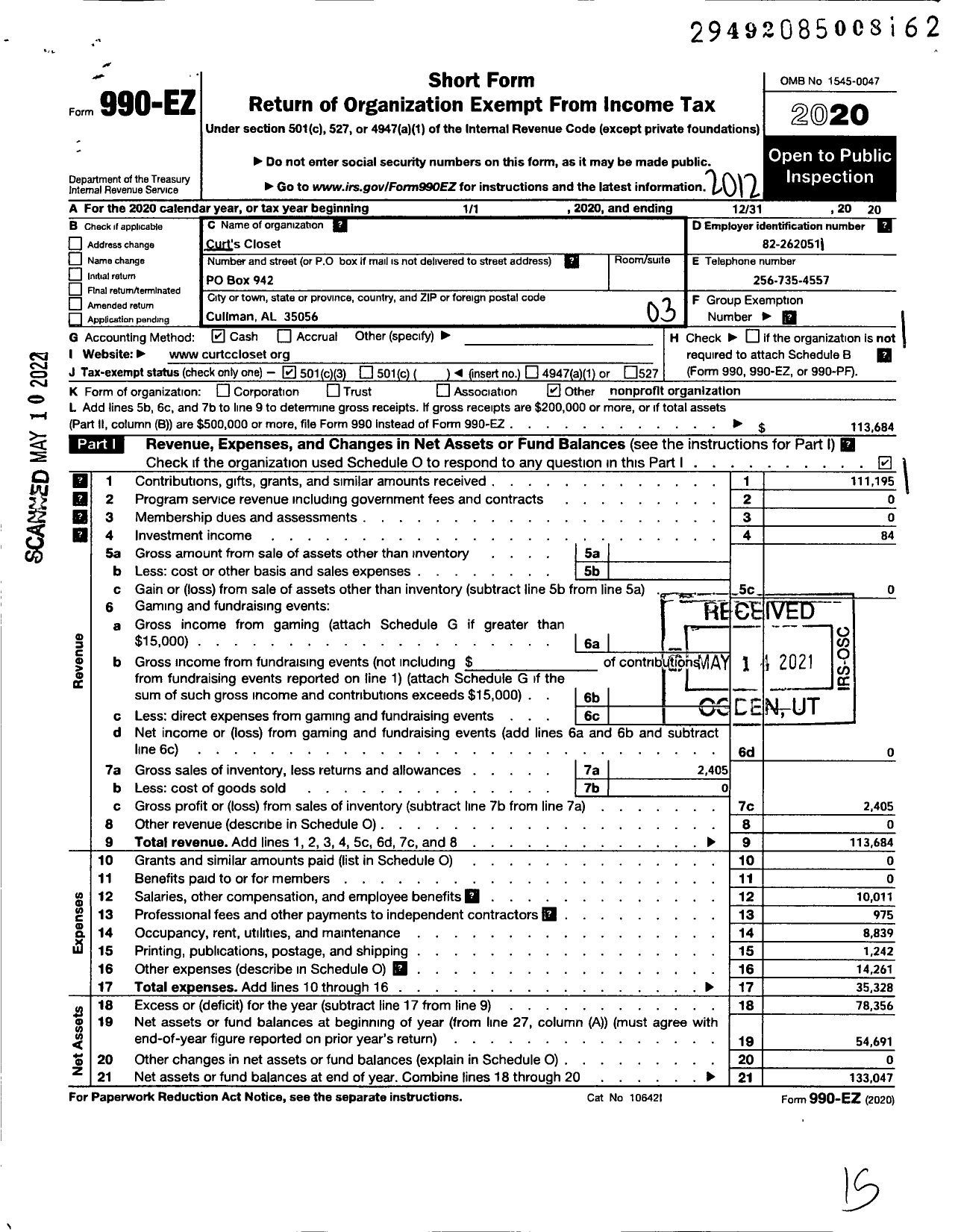 Image of first page of 2020 Form 990EZ for Curts Closet