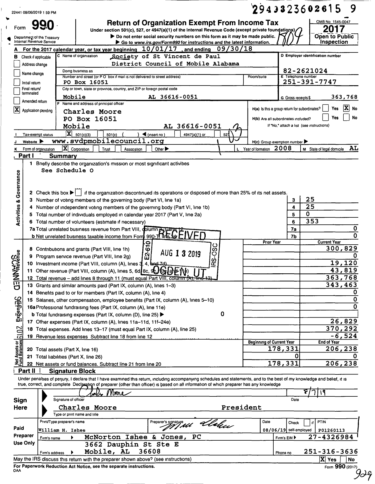 Image of first page of 2017 Form 990 for Society of St Vincent de Paul District Council of Mobile Alabama