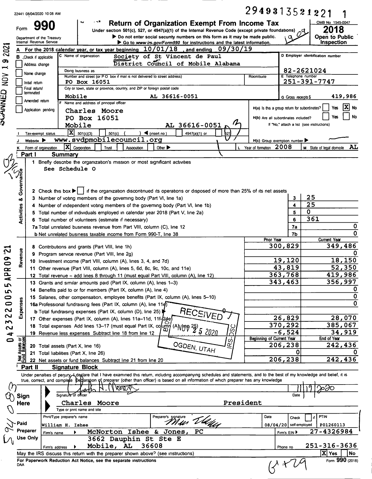 Image of first page of 2018 Form 990 for Society of St Vincent de Paul District Council of Mobile Alabama