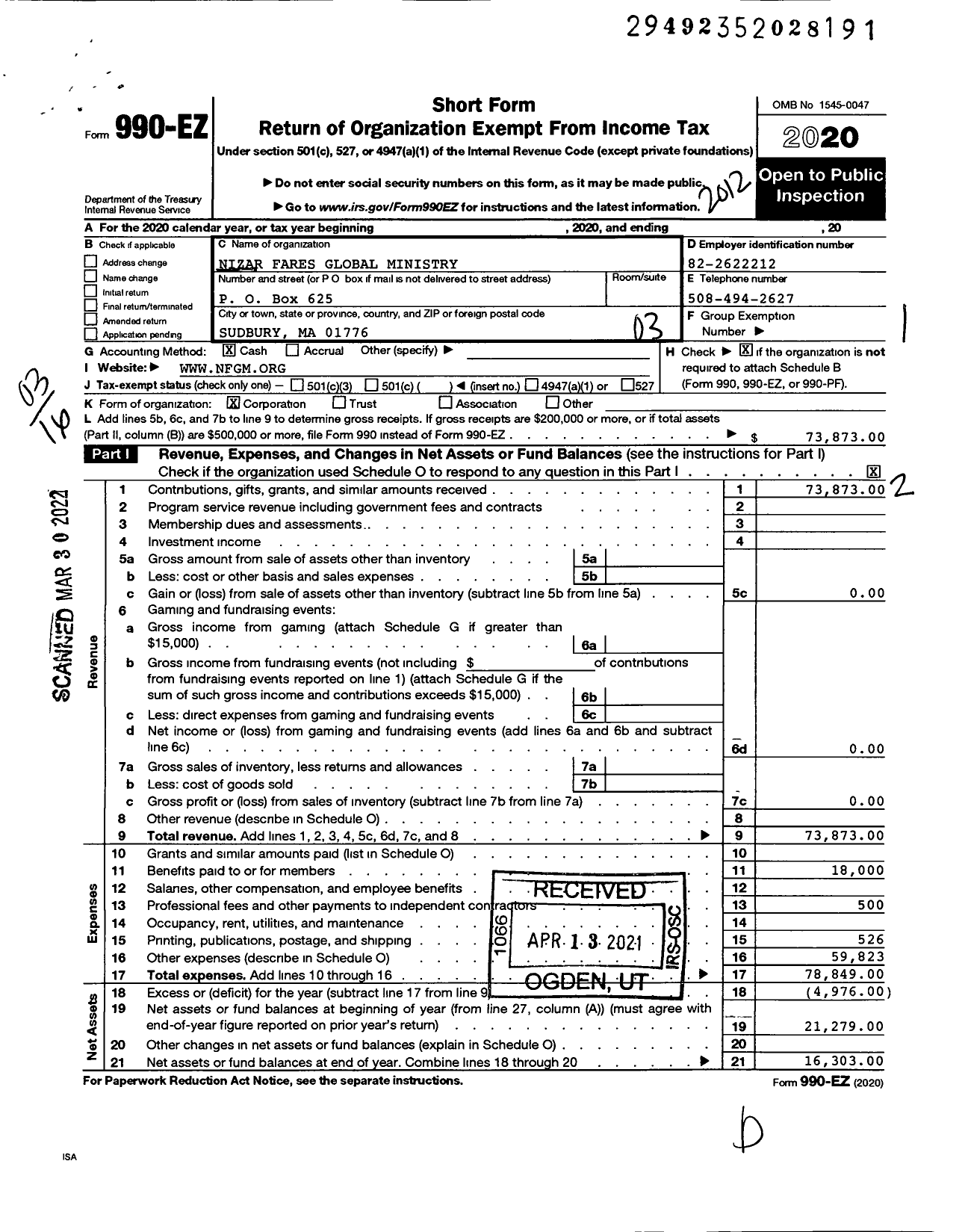 Image of first page of 2020 Form 990EZ for NFGM Nizar Fares Global Ministry