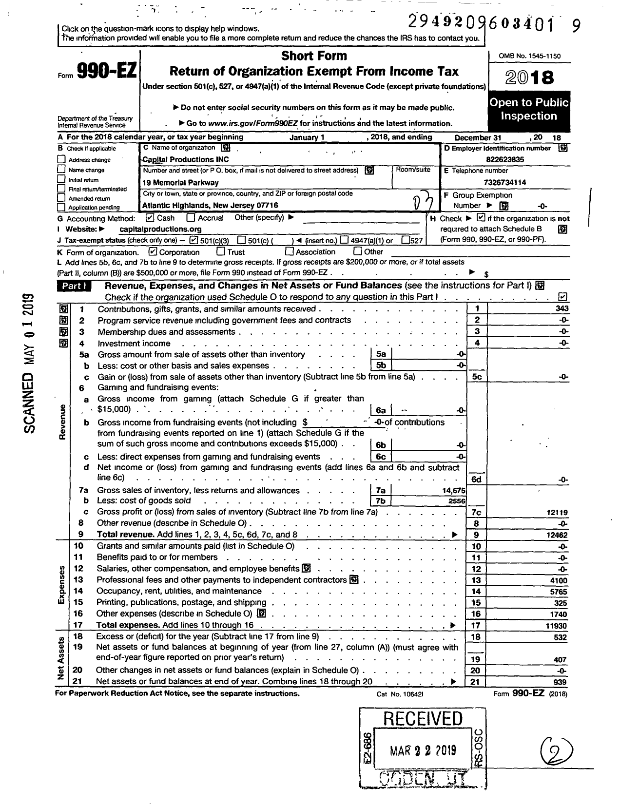 Image of first page of 2018 Form 990EZ for Capital Productions