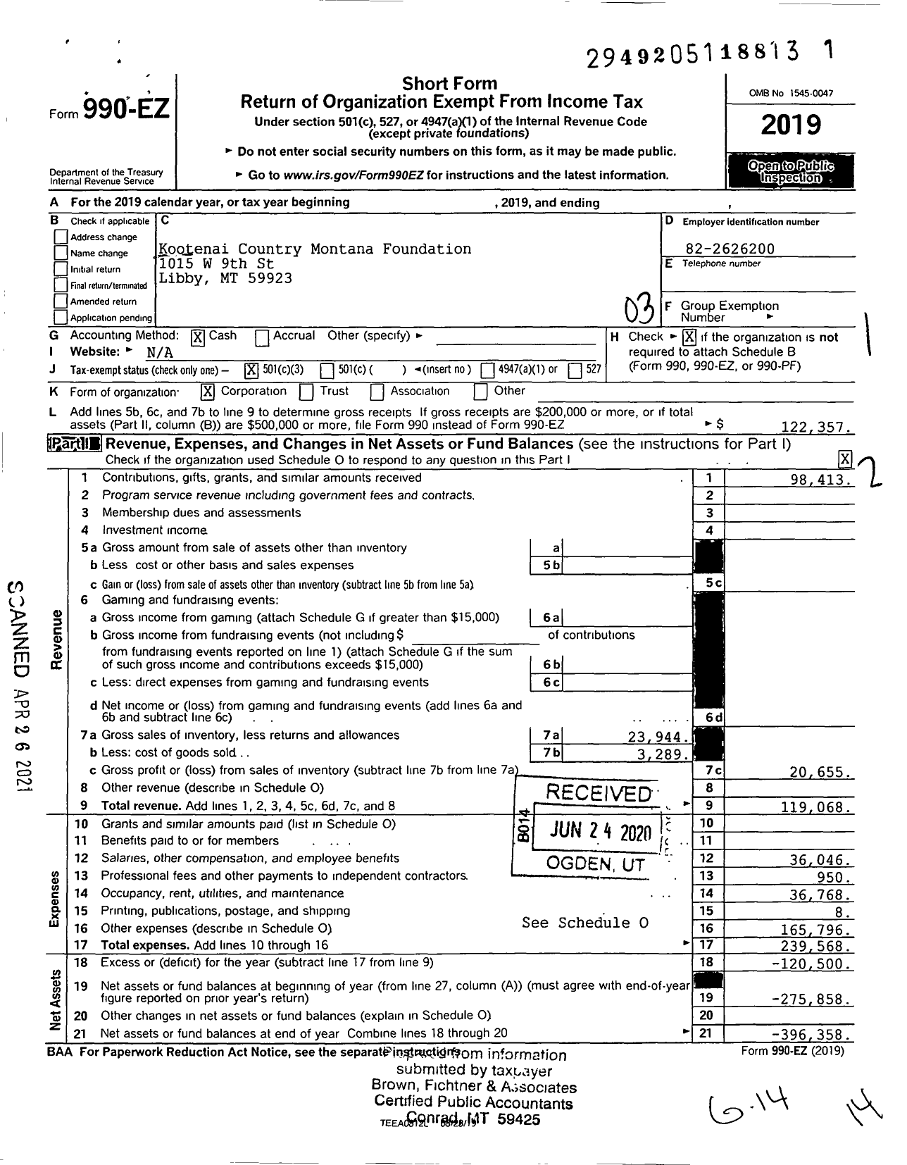 Image of first page of 2019 Form 990EZ for Kootenai Country Montana Foundation