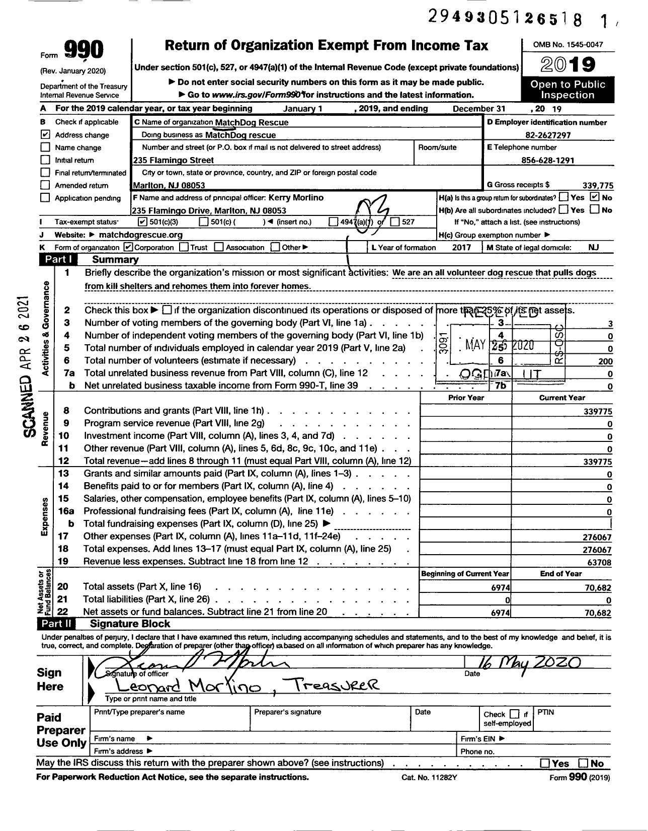 Image of first page of 2019 Form 990 for Matchdog Rescue