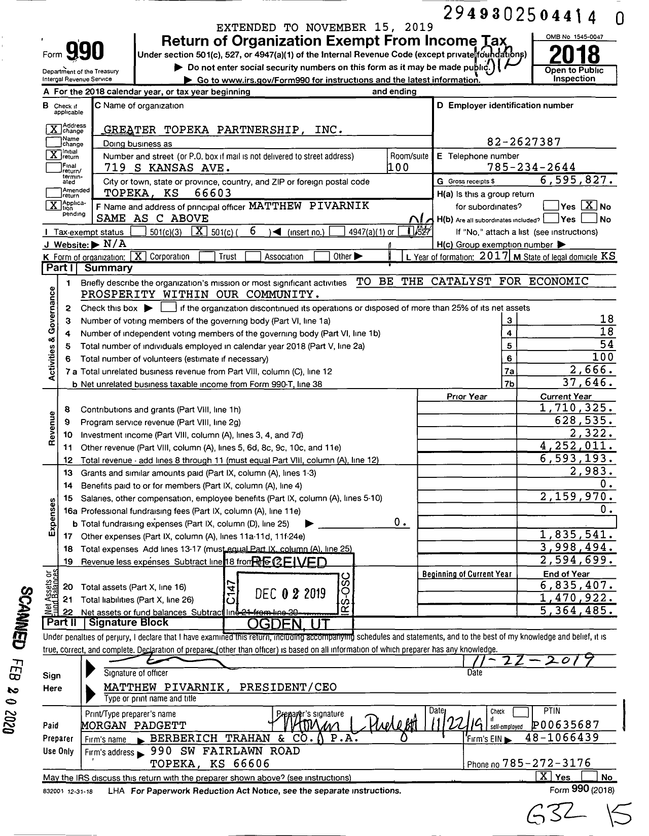 Image of first page of 2018 Form 990O for Greater Topeka Partnership