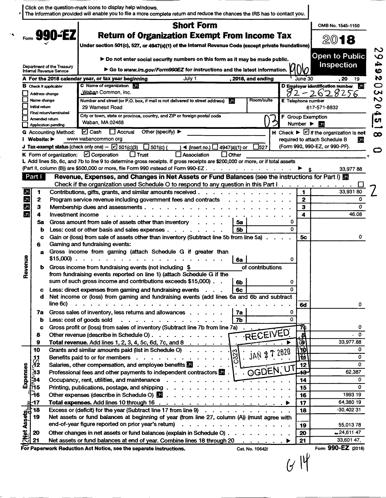 Image of first page of 2018 Form 990EZ for Waban Common