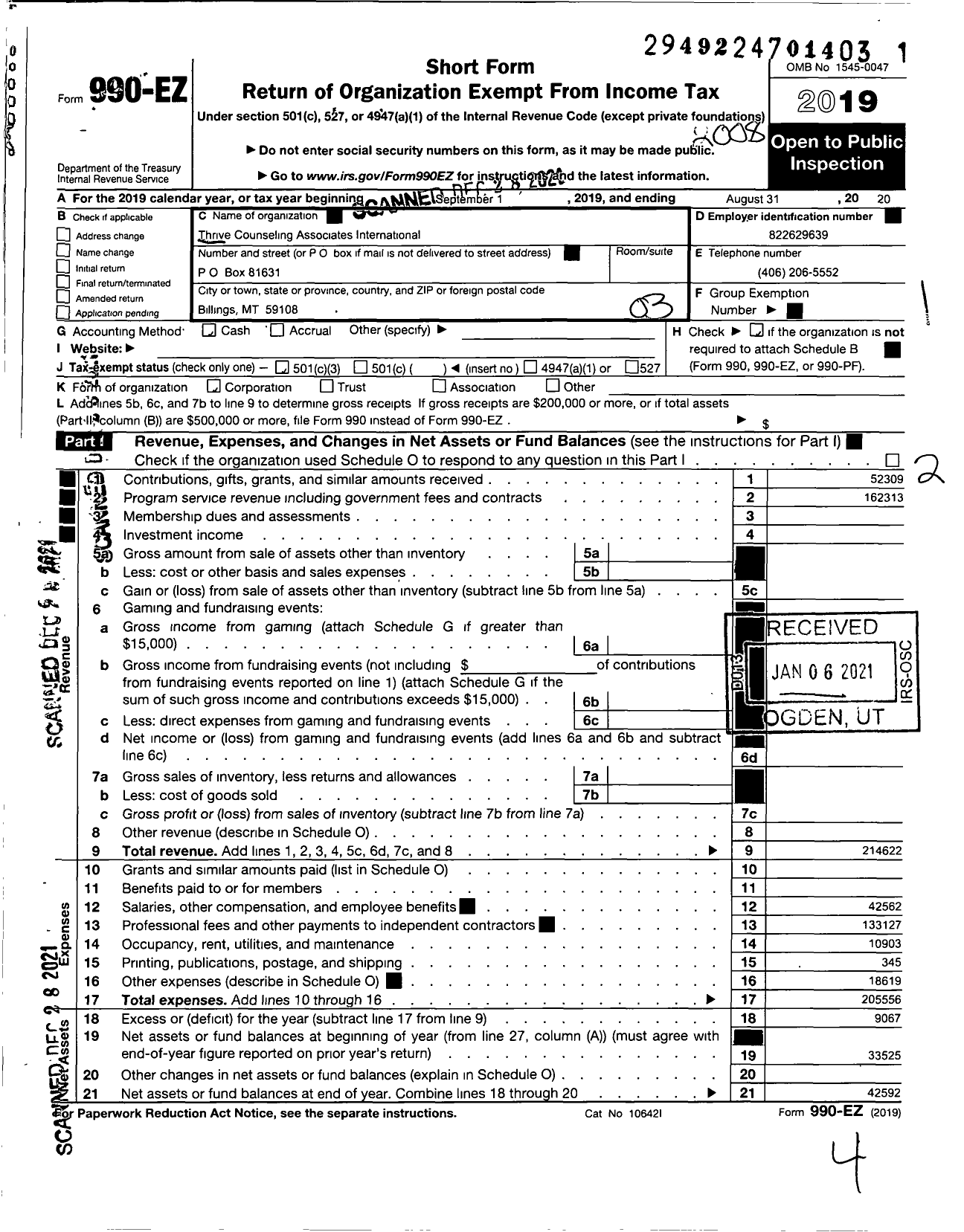 Image of first page of 2019 Form 990EZ for Thrive Counseling Associates International