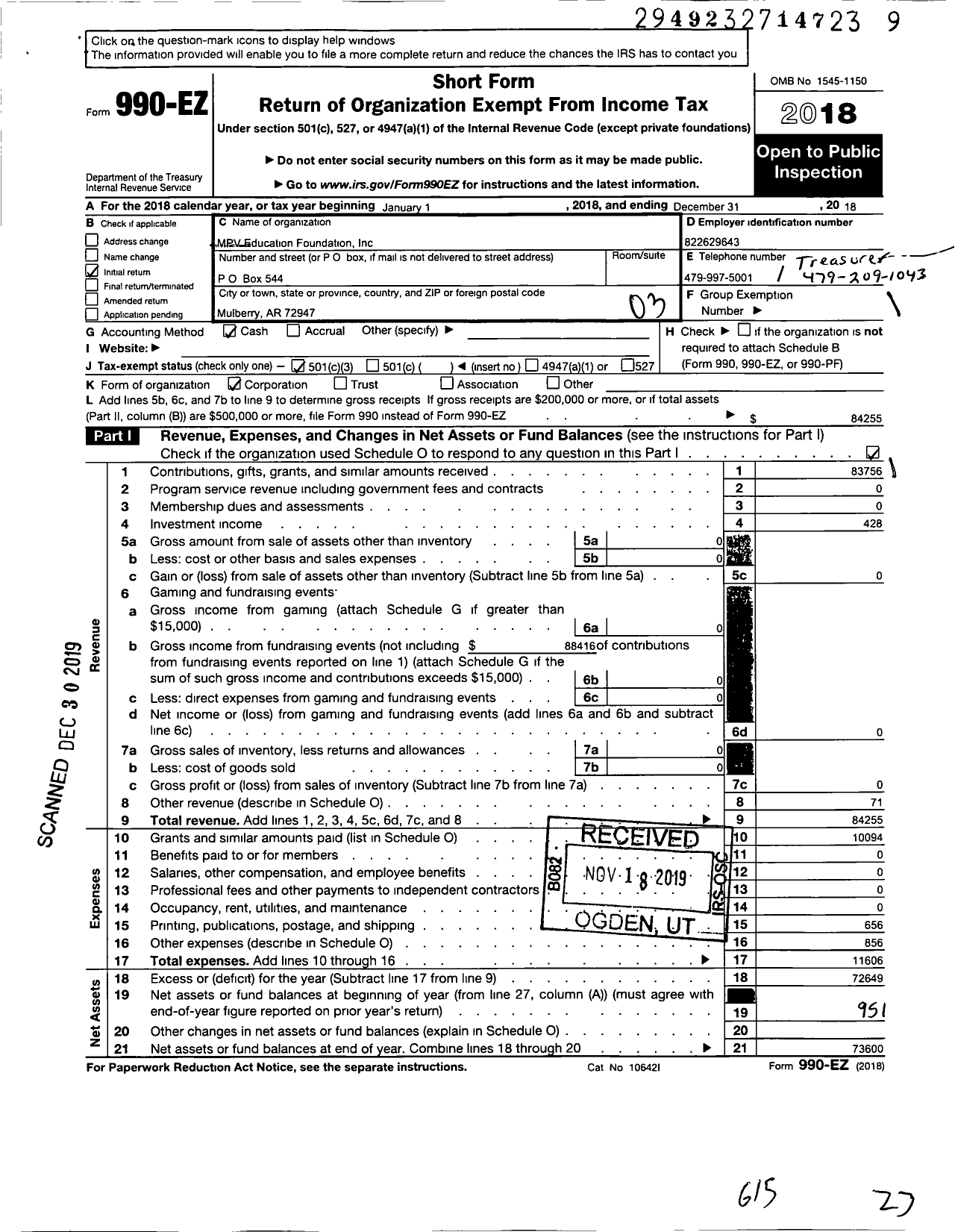 Image of first page of 2018 Form 990EZ for MPV Education Foundation