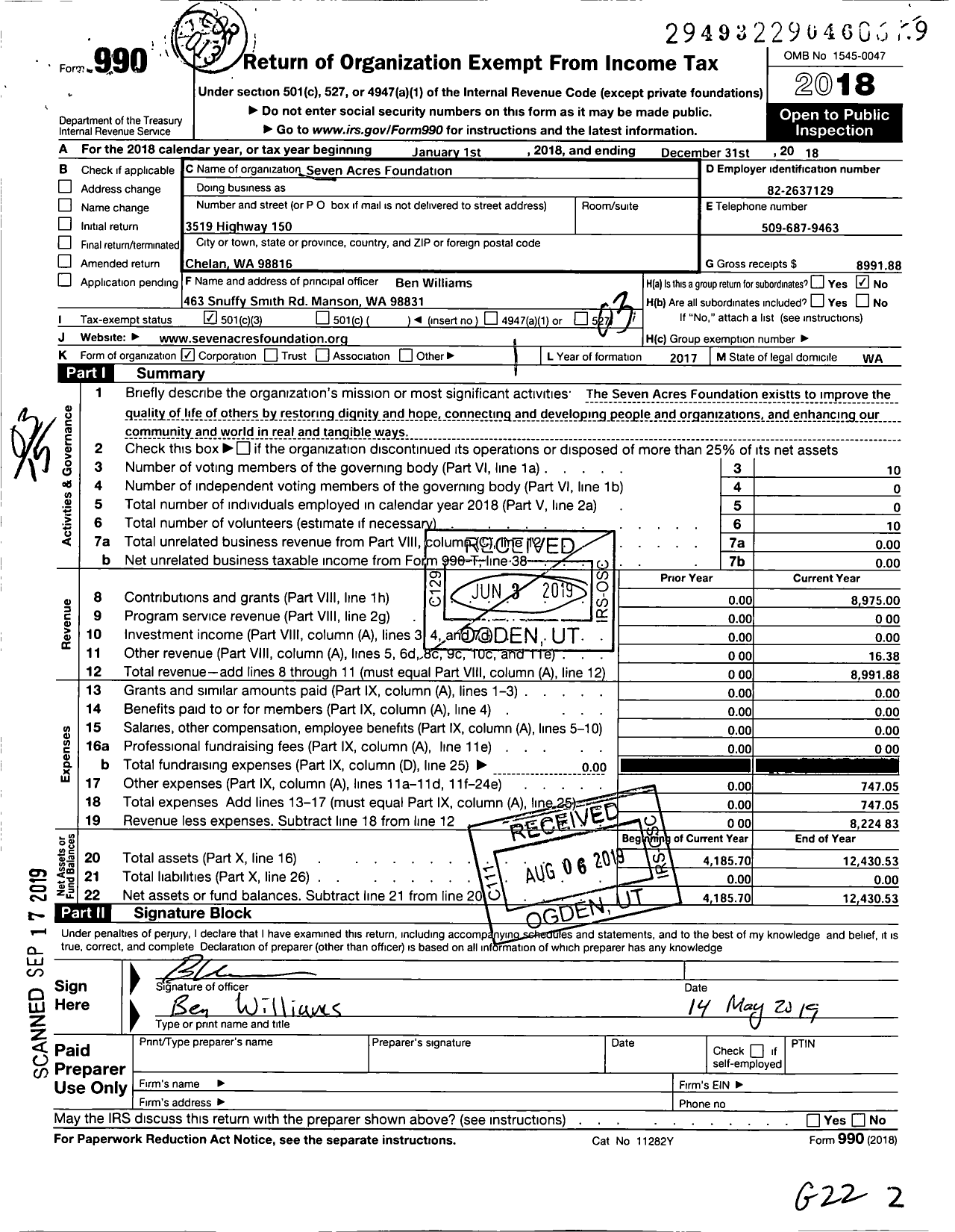 Image of first page of 2018 Form 990 for Seven Acres Foundation