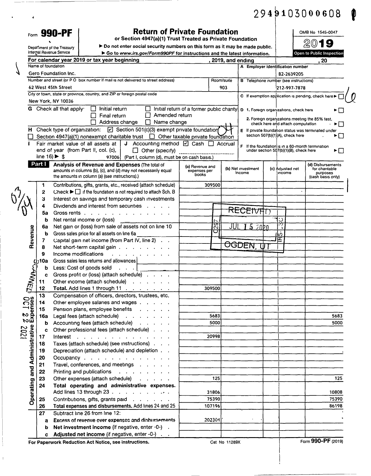 Image of first page of 2019 Form 990PF for Gero Foundation