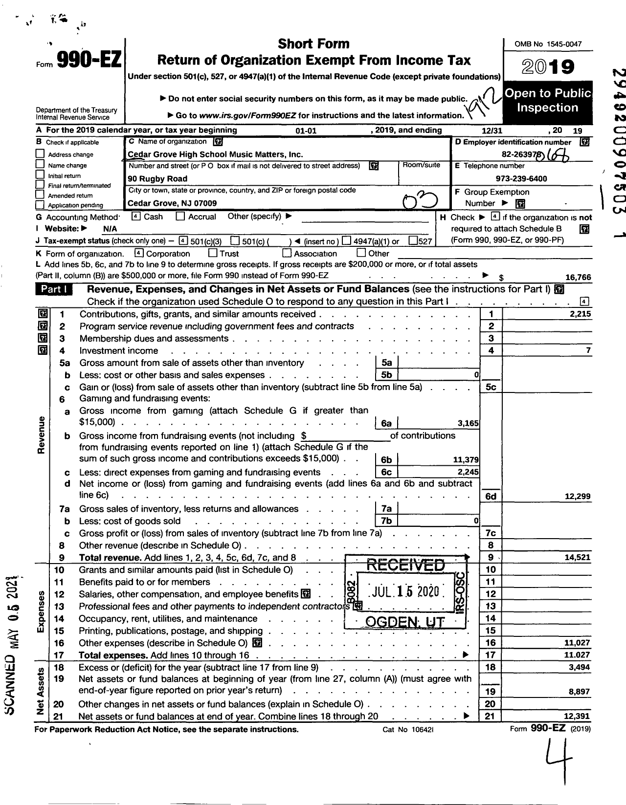 Image of first page of 2019 Form 990EZ for Cedar Grove High School Music Matters