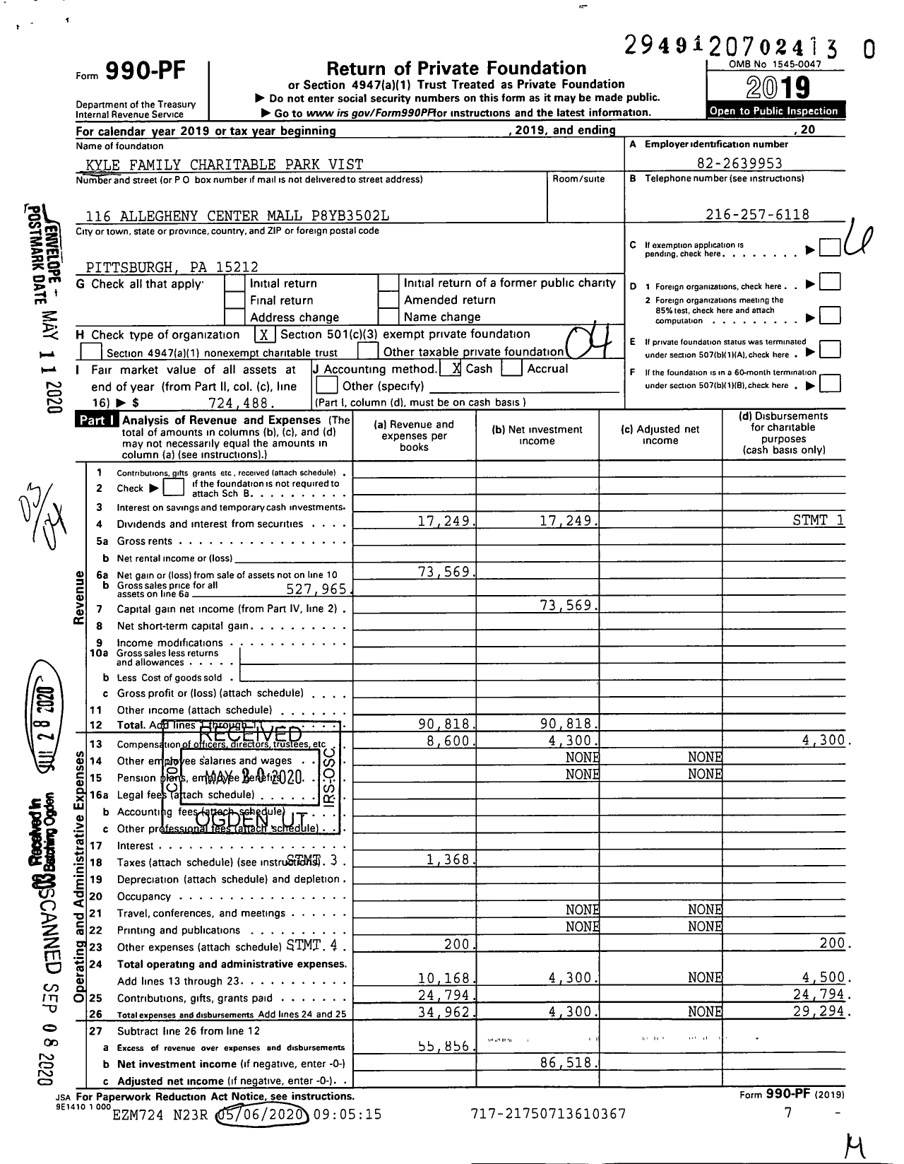 Image of first page of 2019 Form 990PR for Kyle Family Charitable Park Vista