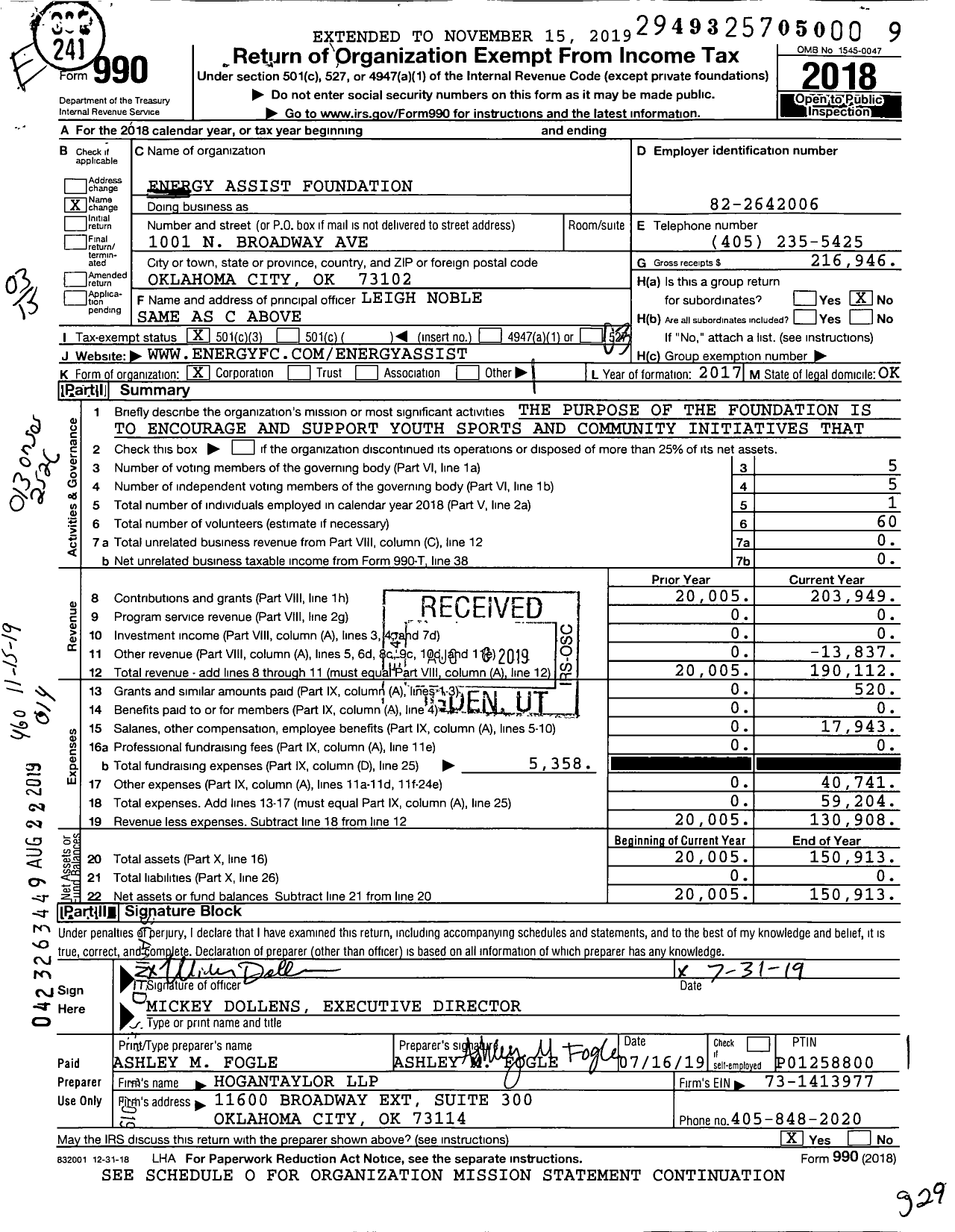 Image of first page of 2018 Form 990 for Energy Assist Foundation