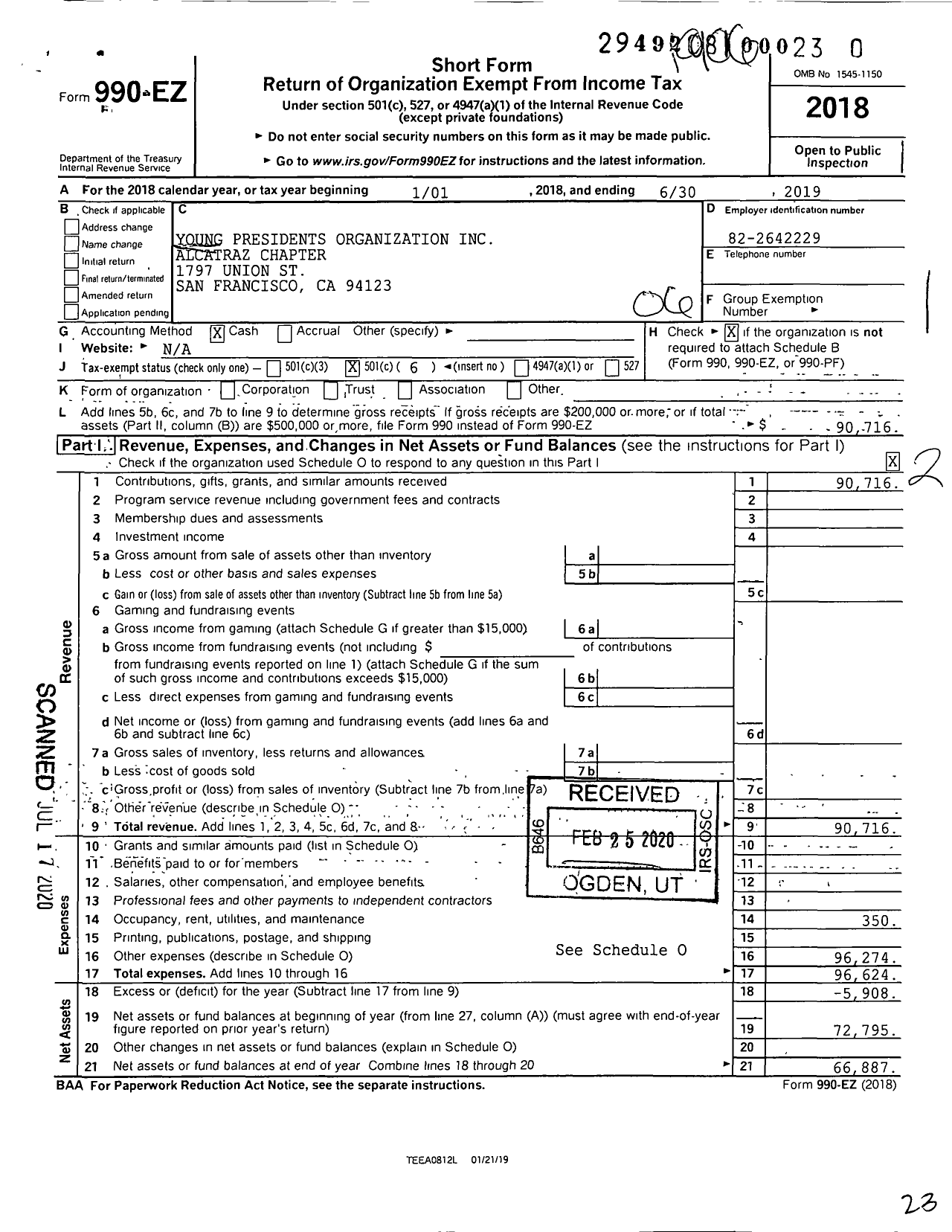 Image of first page of 2018 Form 990EO for Young Presidents' Organization - Alcatraz Chapter