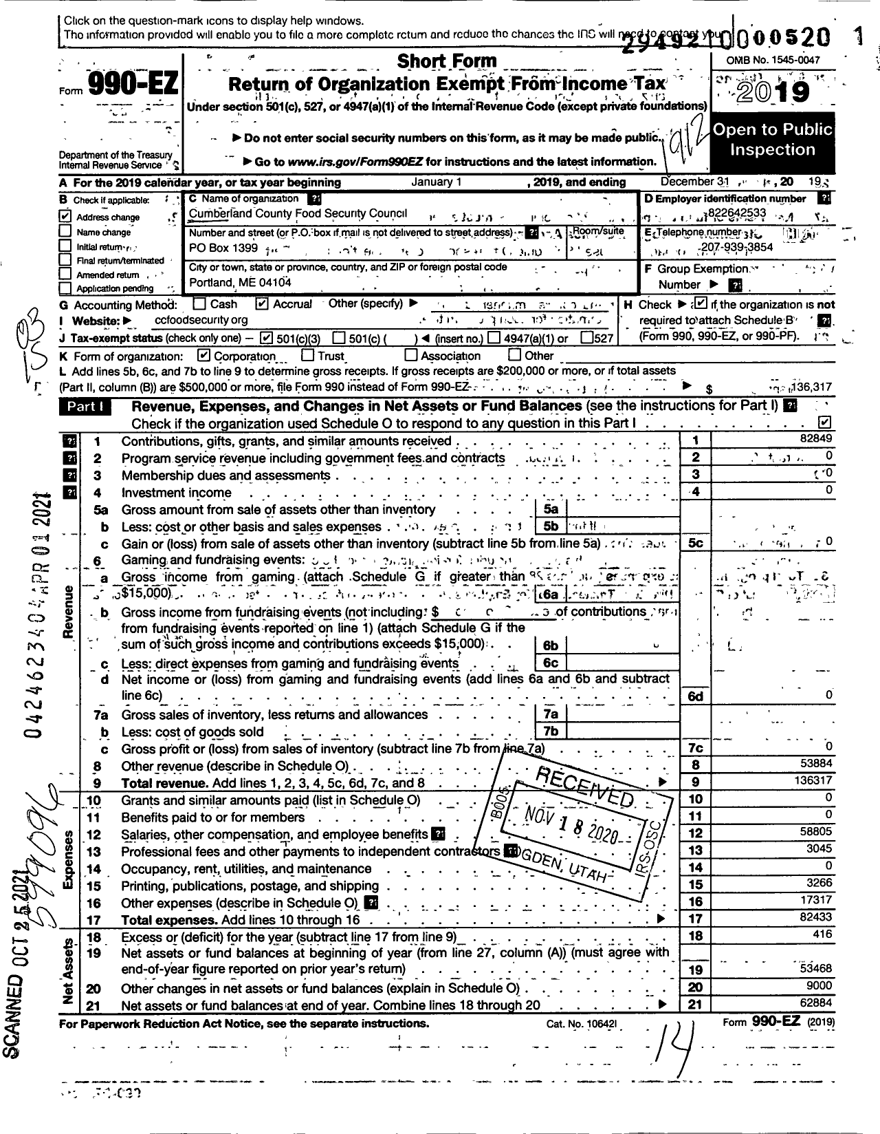 Image of first page of 2019 Form 990EZ for Cumberland County Food Security Council