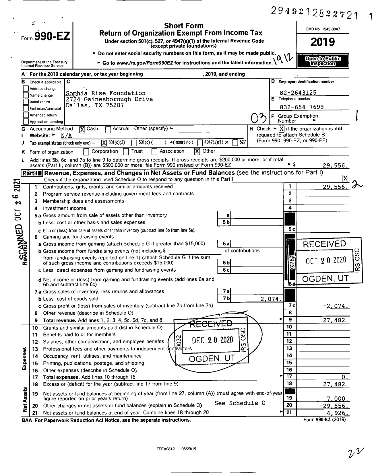 Image of first page of 2019 Form 990EZ for Sophia Rise Foundation