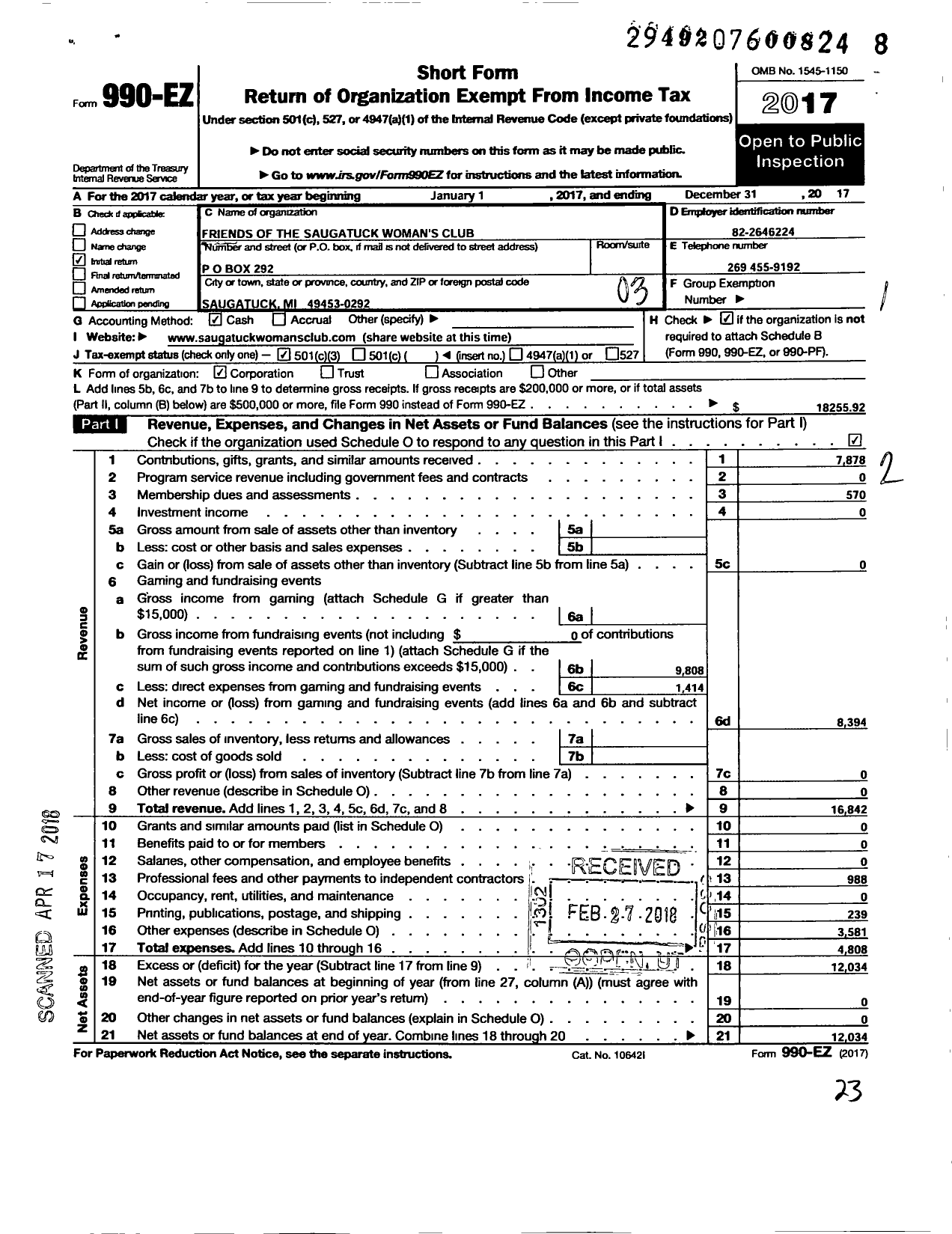 Image of first page of 2017 Form 990EZ for Friends of the Saugatuck Womens Club