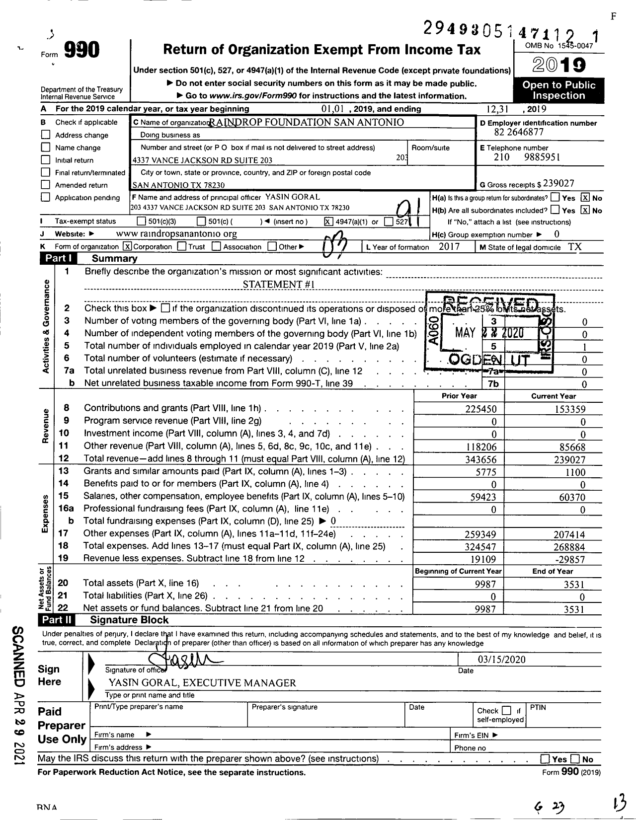 Image of first page of 2019 Form 990O for Raindrop Foundation San Antonio