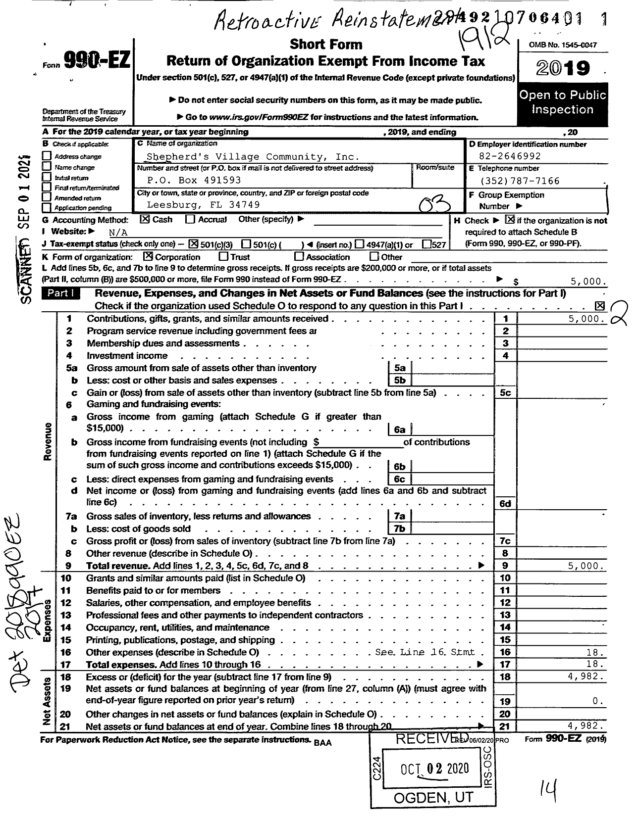 Image of first page of 2019 Form 990EZ for Shepherds Village Community