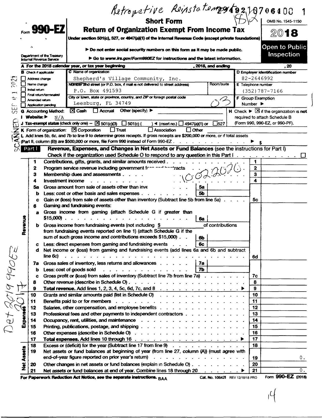 Image of first page of 2018 Form 990EZ for Shepherds Village Community