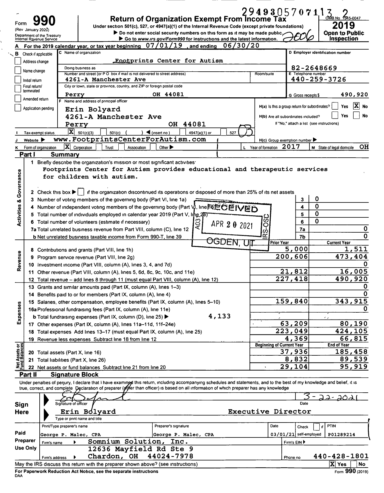 Image of first page of 2019 Form 990 for Footprints Center for Autism